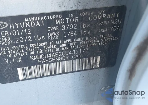 2012 Hyundai Elantra Limited (Ulsan Plant) z USA, uszkodzony, nr VIN KMHDH4AE2CU439172